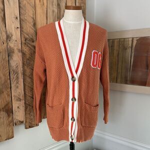 aerie Varsity Letterman Cardigan Sweater Sm "06"‎ Knit Pockets Orange Oversized